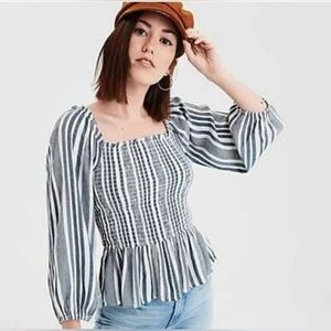 American Eagle Smocked Off Shoulder Blue Stripe Peplum Top Size M NWOT